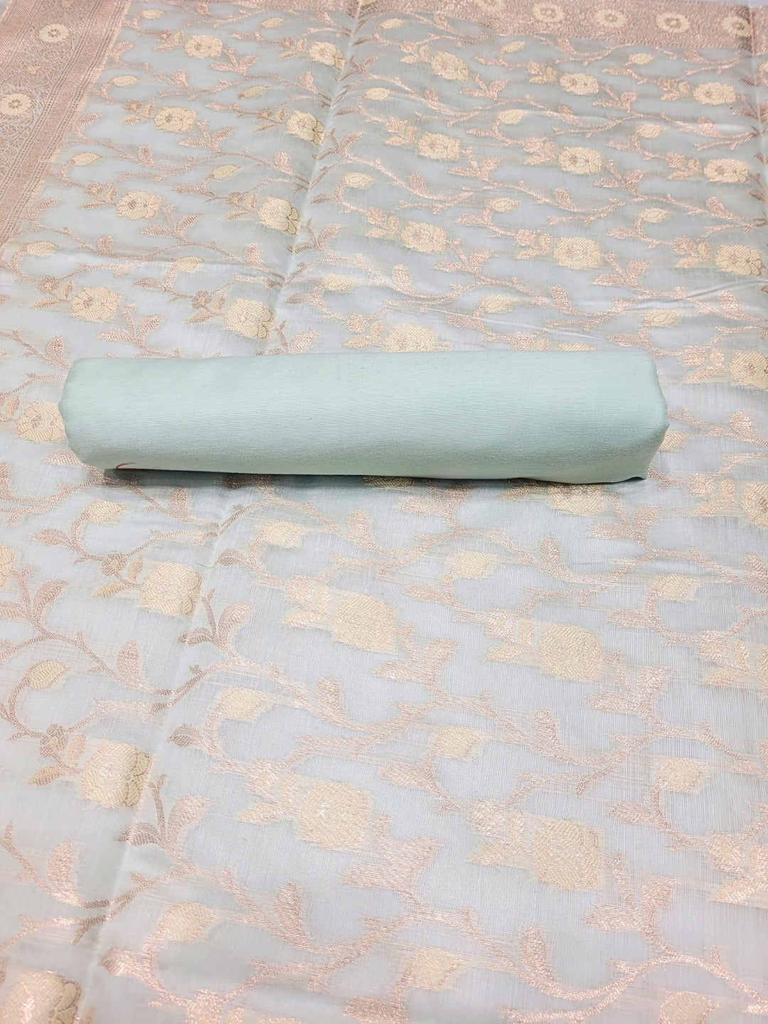 Banarasi Chanderi Dress Material with Contrast color Handloom weaving & Tasseled Dupatta