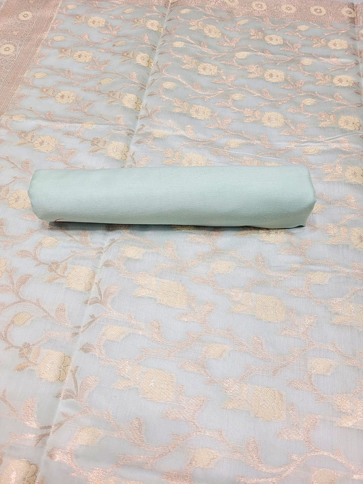 Banarasi Chanderi Dress Material with Contrast color Handloom weaving & Tasseled Dupatta