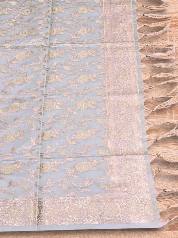 Banarasi Chanderi Dress Material with Contrast color Handloom weaving & Tasseled Dupatta