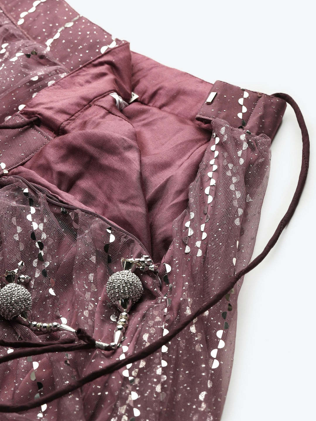 Pastel Mauve Mirror Embellished Lehenga Set with Cut dana Embroidery, Frills & Layering