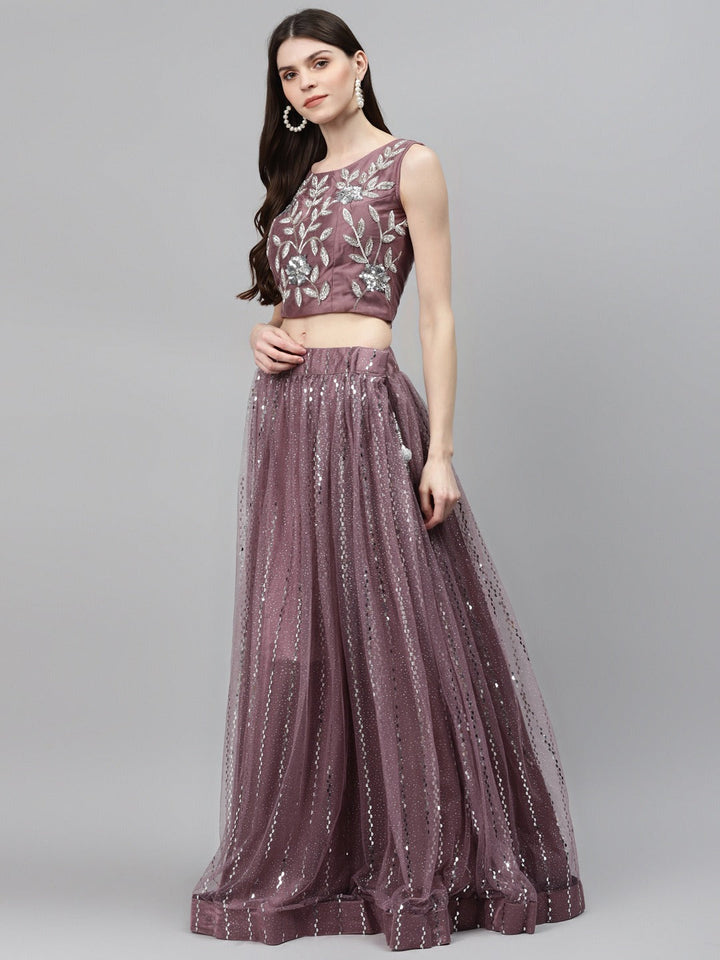 Pastel Mauve Mirror Embellished Lehenga Set with Cut dana Embroidery, Frills & Layering