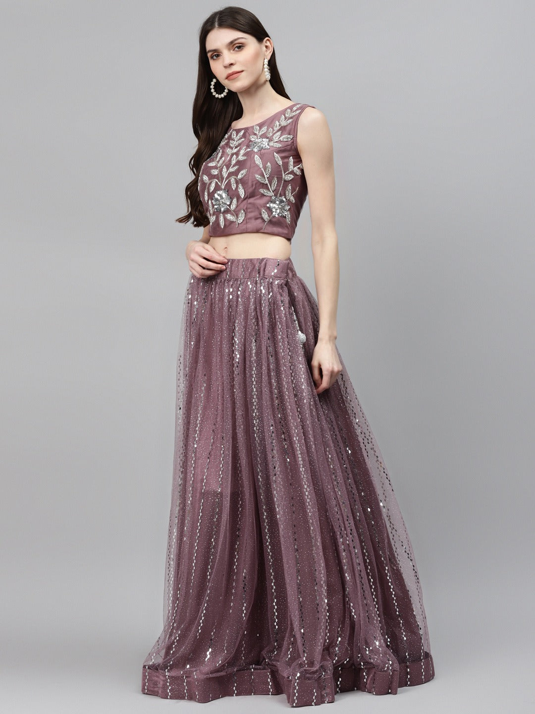 Pastel Mauve Mirror Embellished Lehenga Set with Cut dana Embroidery, Frills & Layering