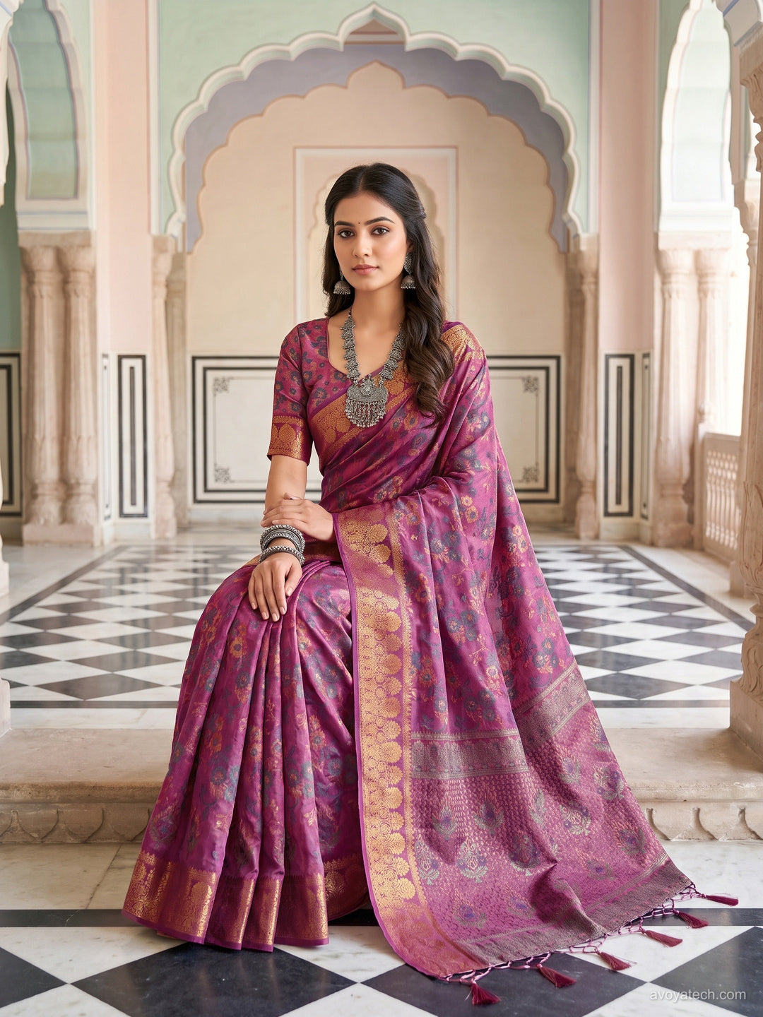 Purple Floral Woven Silk Saree with Golden Zari Border