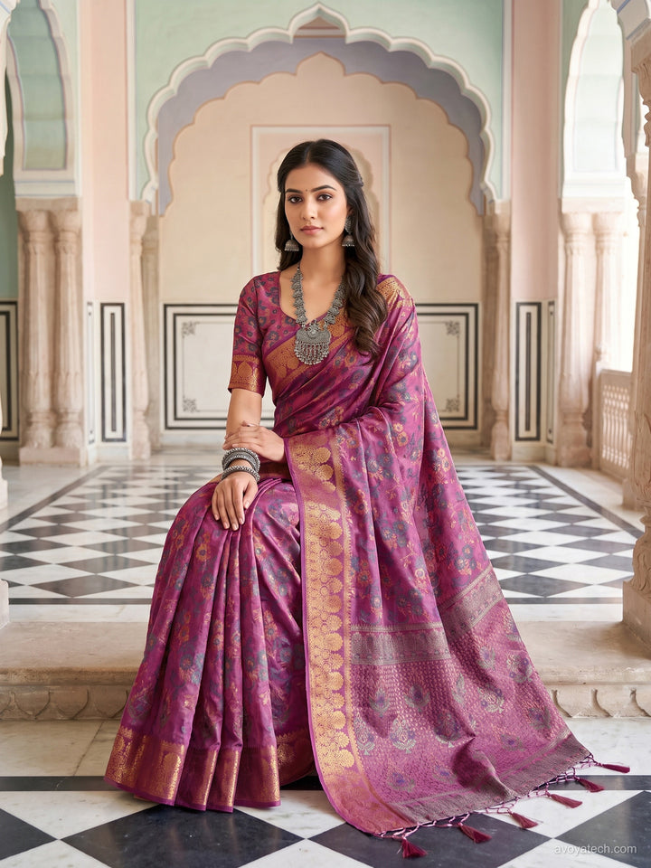 Purple Floral Woven Silk Saree with Golden Zari Border