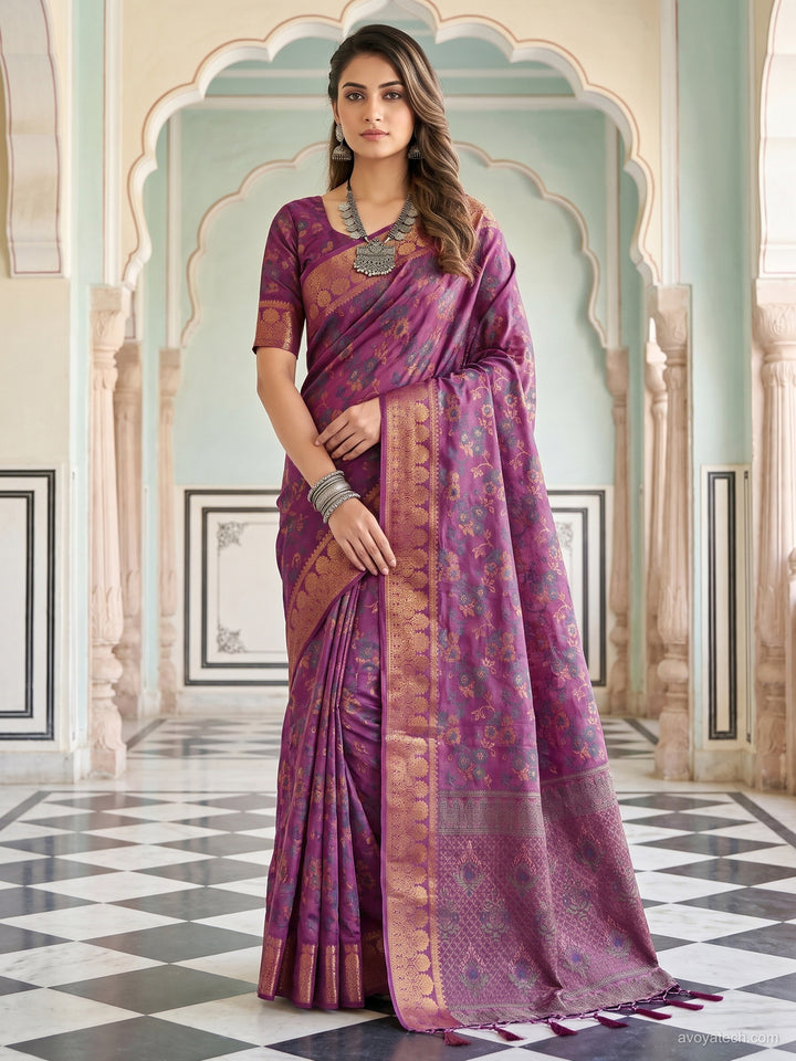 Purple Floral Woven Silk Saree with Golden Zari Border