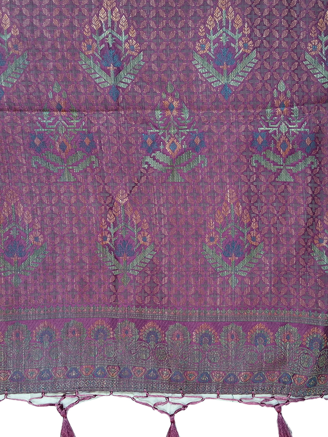 Purple Floral Woven Silk Saree with Golden Zari Border