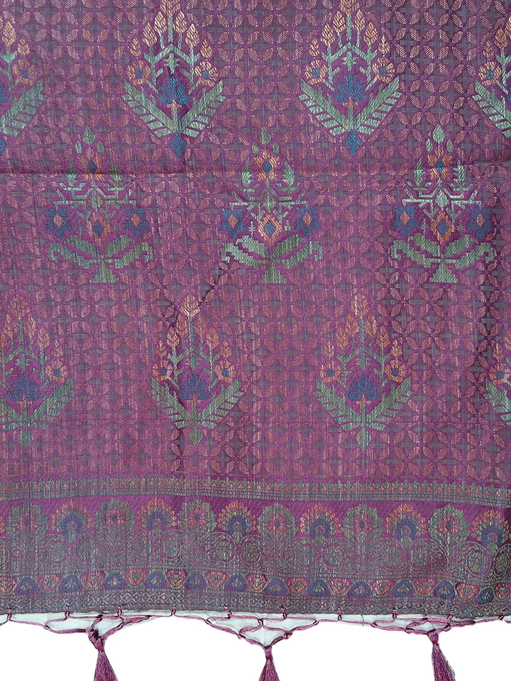 Purple Floral Woven Silk Saree with Golden Zari Border