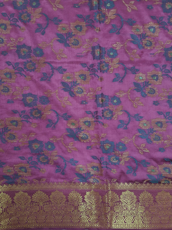 Purple Floral Woven Silk Saree with Golden Zari Border