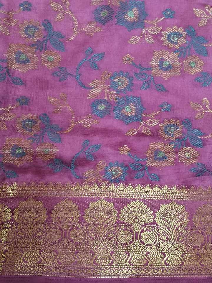 Purple Floral Woven Silk Saree with Golden Zari Border