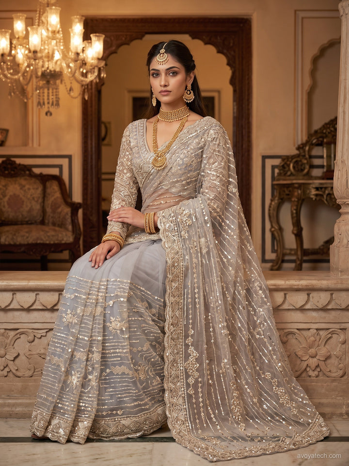 Lavender Sequin Embroidered Net Saree with Scalloped Border and Stitched Blouse
