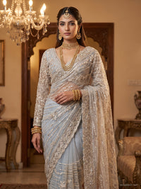 Lavender Sequin Embroidered Net Saree with Scalloped Border and Stitched Blouse