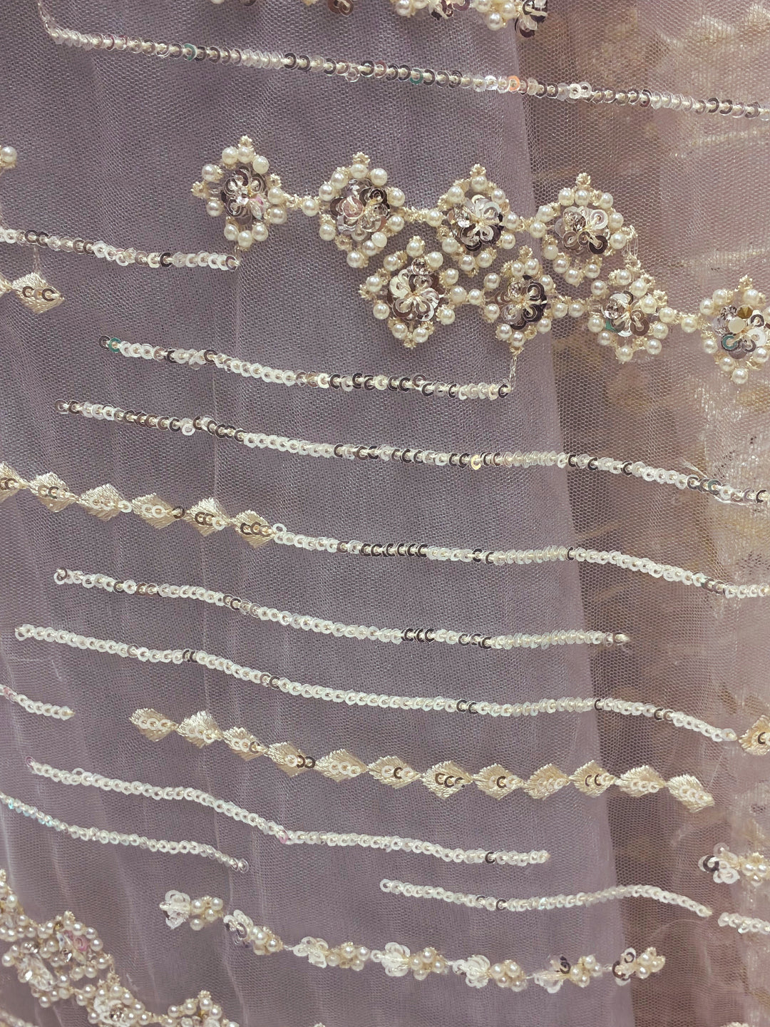 Lavender Sequin Embroidered Net Saree with Scalloped Border and Stitched Blouse