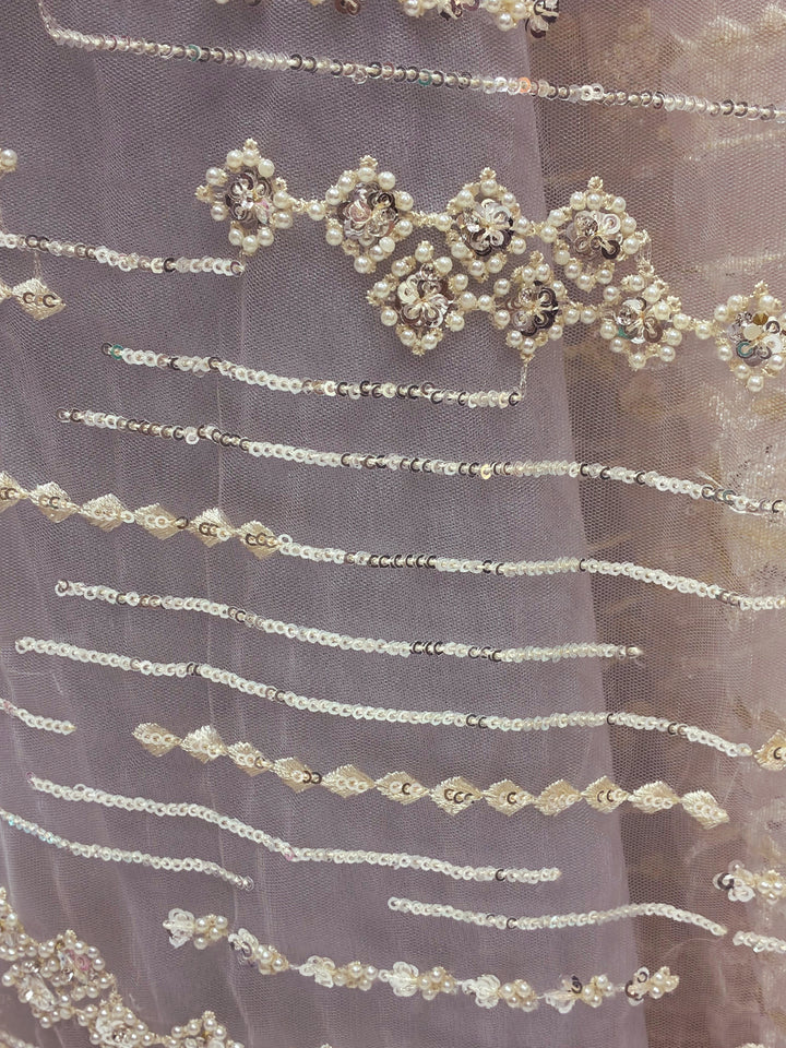 Lavender Sequin Embroidered Net Saree with Scalloped Border and Stitched Blouse