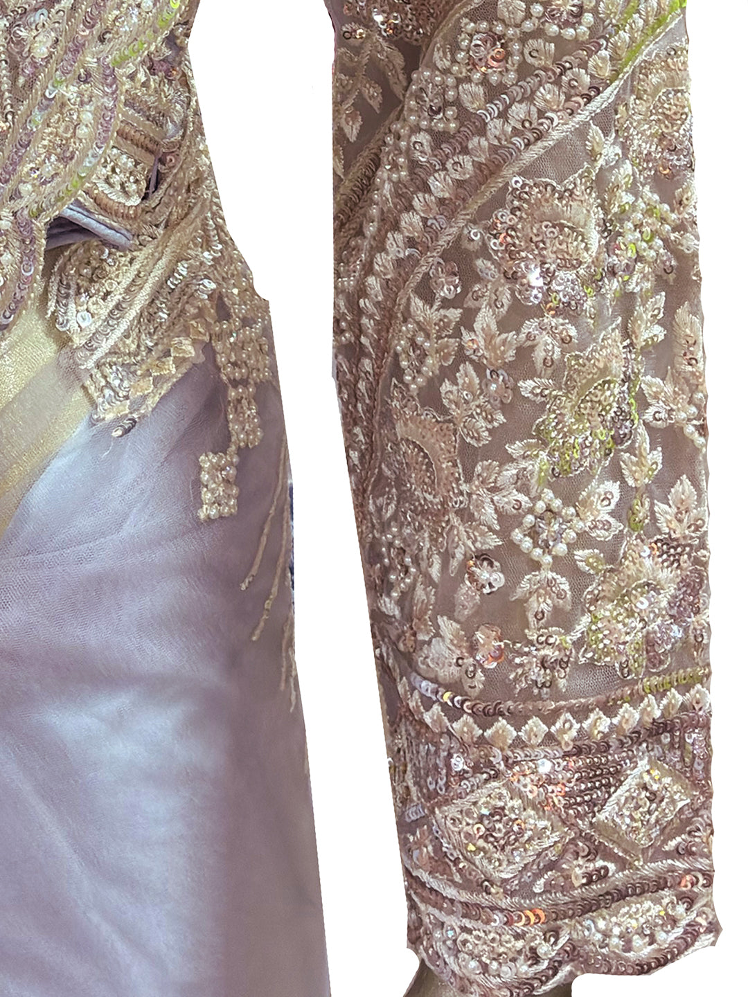 Lavender Sequin Embroidered Net Saree with Scalloped Border and Stitched Blouse