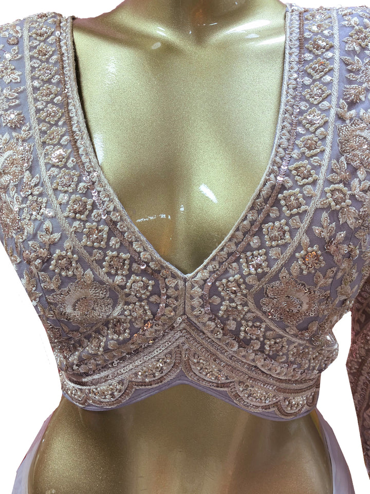 Lavender Sequin Embroidered Net Saree with Scalloped Border and Stitched Blouse