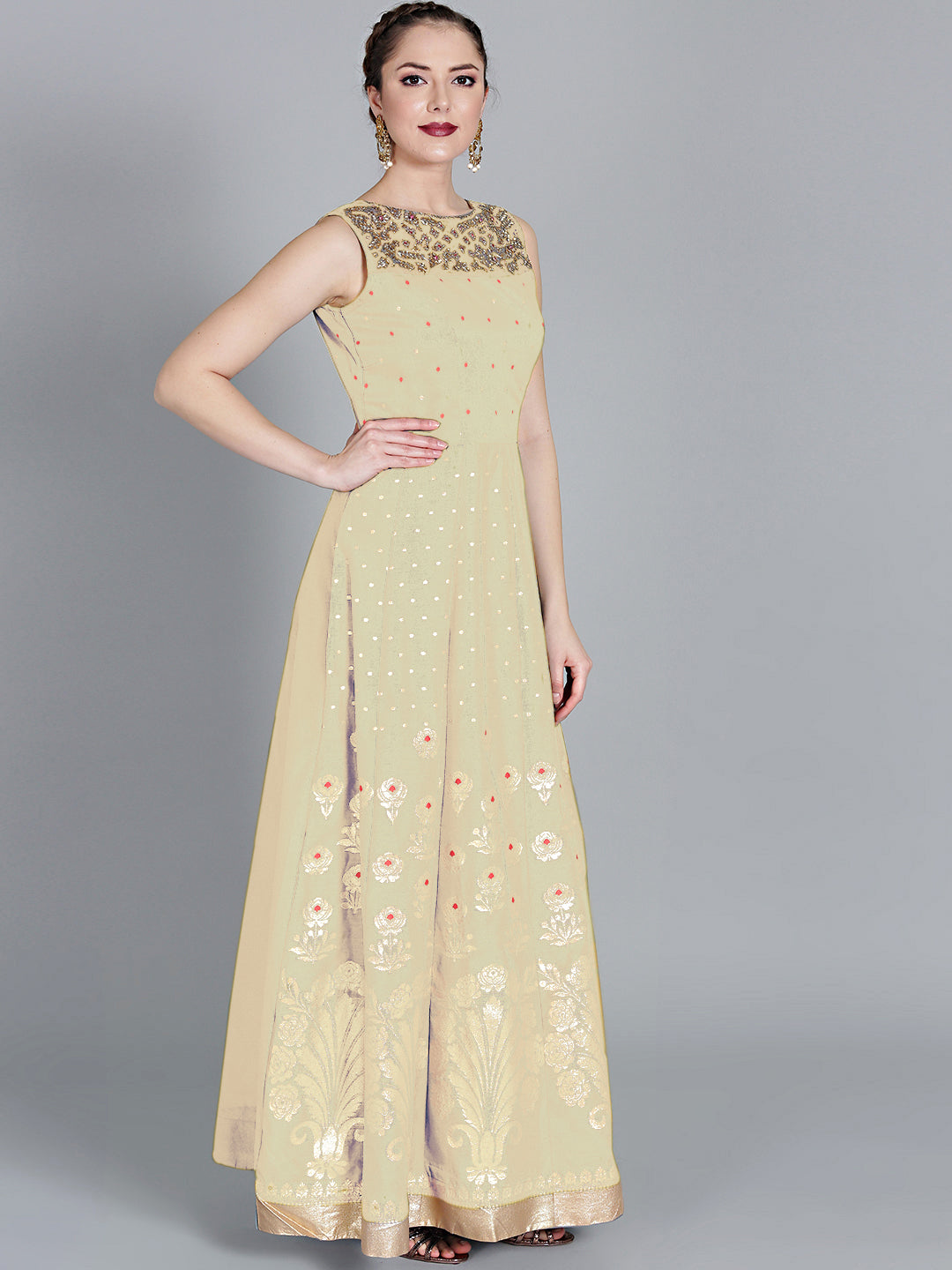 Made-to-measure Cream Pink Anarkali kurta set With Floral Embroidery on Neckline