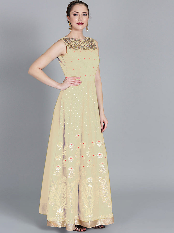 Made-to-measure Cream Pink Anarkali kurta set With Floral Embroidery on Neckline