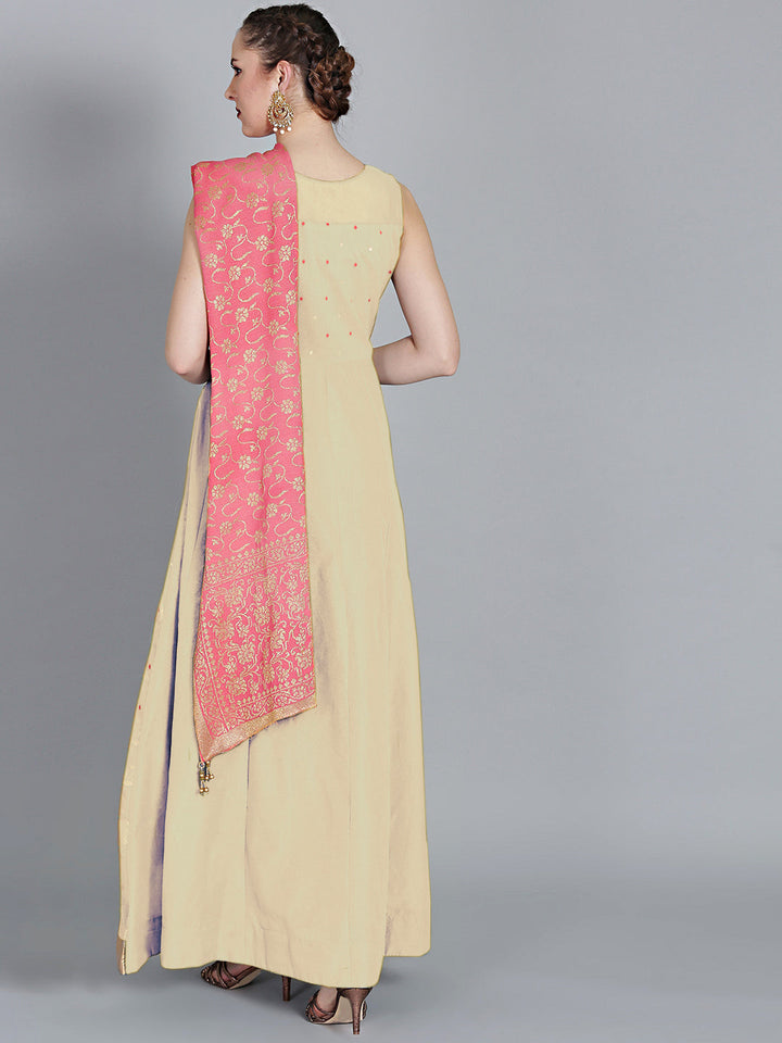 Made-to-measure Cream Pink Anarkali kurta set With Floral Embroidery on Neckline