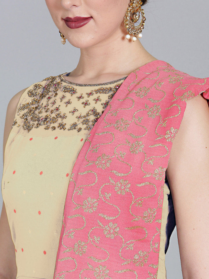 Made-to-measure Cream Pink Anarkali kurta set With Floral Embroidery on Neckline