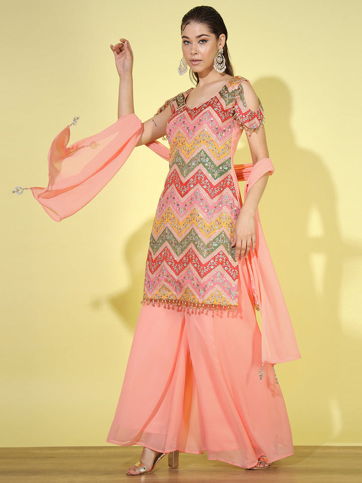 Multicolor Paneled Zari Embroidered Kurta Set with Flared Palazzo