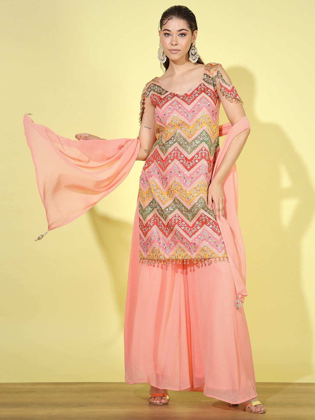 Multicolor Paneled Zari Embroidered Kurta Set with Flared Palazzo