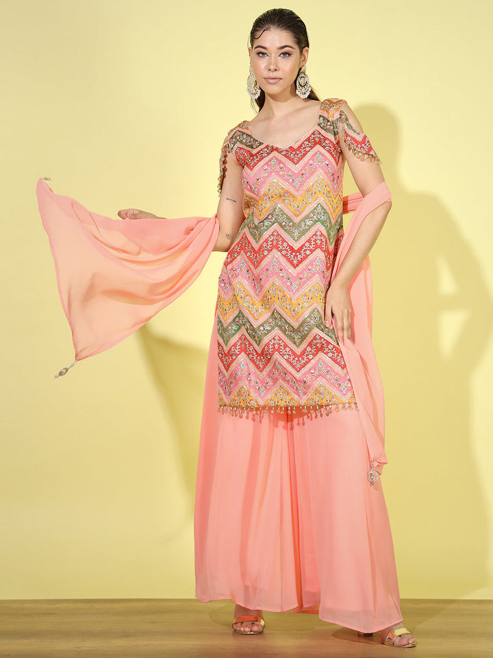 Multicolor Paneled Zari Embroidered Kurta Set with Flared Palazzo