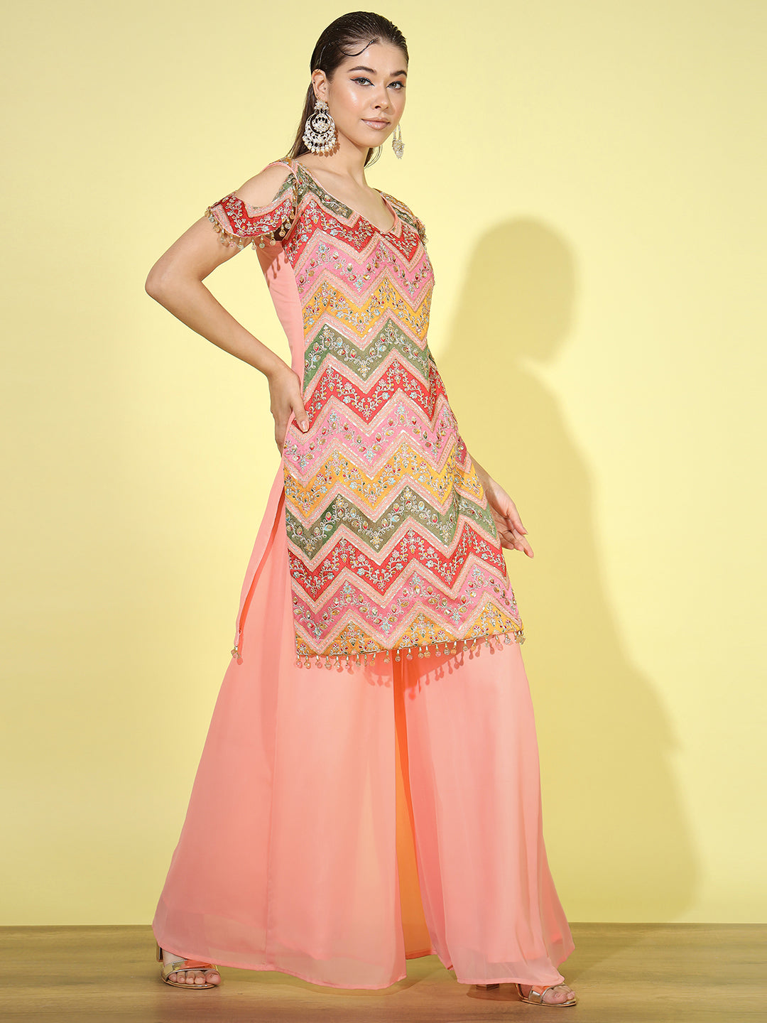 Multicolor Paneled Zari Embroidered Kurta Set with Flared Palazzo