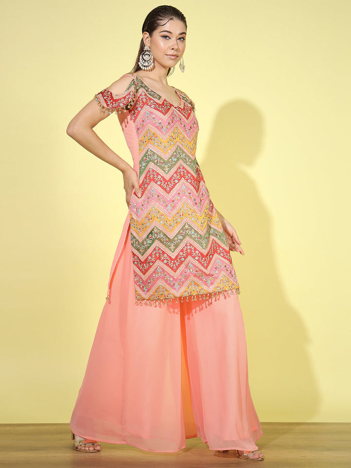 Multicolor Paneled Zari Embroidered Kurta Set with Flared Palazzo