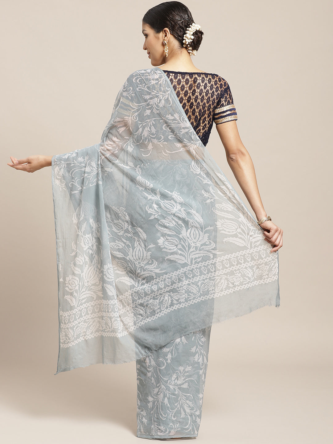 Grey Pastel Summer Chiffon Saree with Contemporary Floral Prints and ColorBlocking
