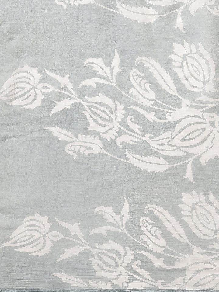 Grey Pastel Summer Chiffon Saree with Contemporary Floral Prints and ColorBlocking
