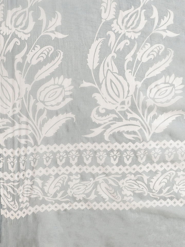 Grey Pastel Summer Chiffon Saree with Contemporary Floral Prints and ColorBlocking