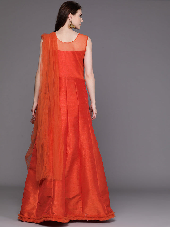 Embroidered Cocktail Gown with Mirror Work and Ruffled dupatta