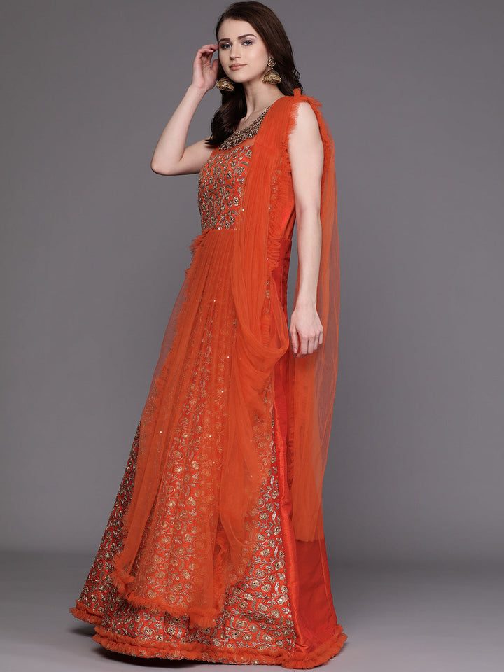 Embroidered Cocktail Gown with Mirror Work and Ruffled dupatta