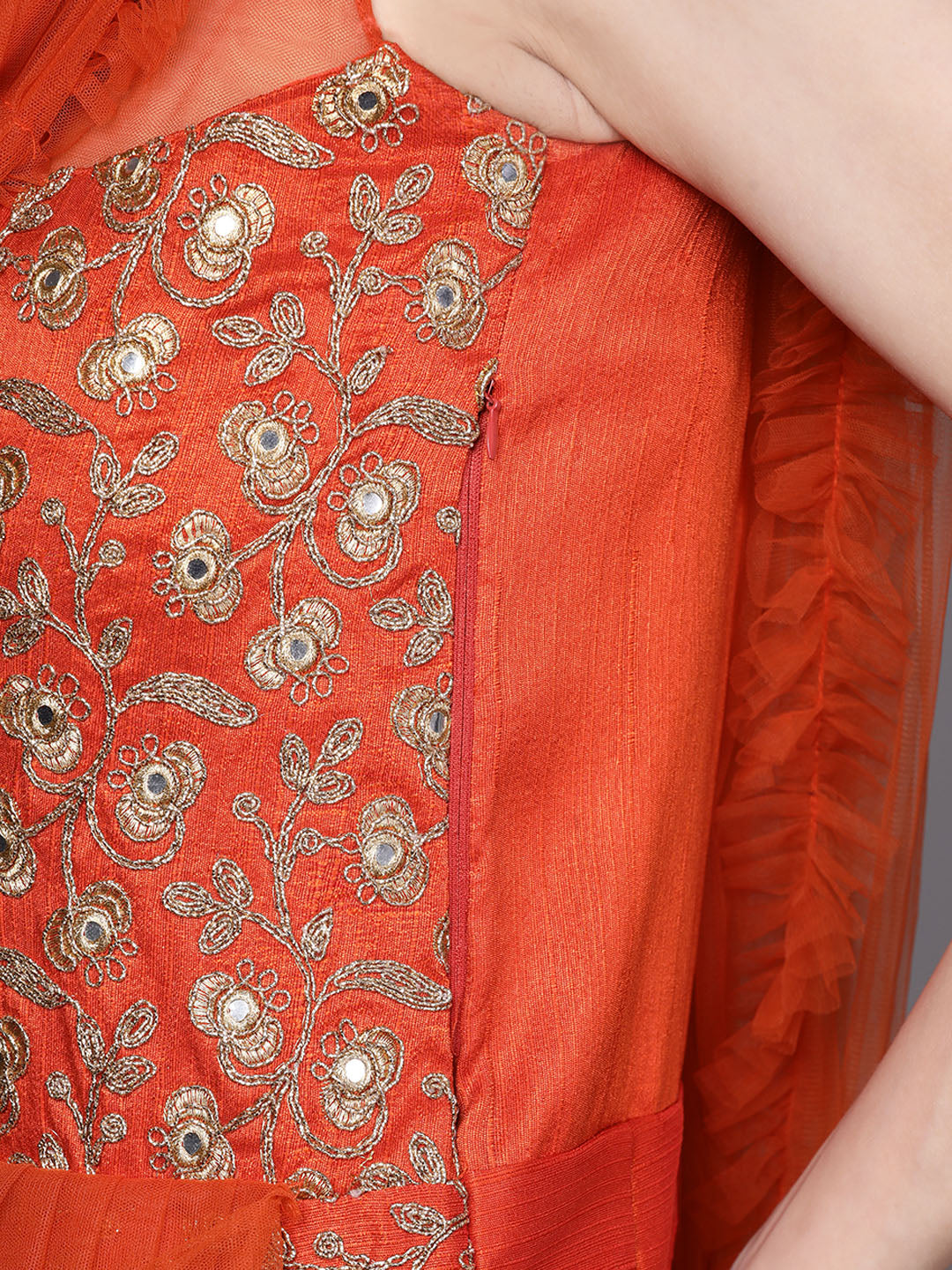 Embroidered Cocktail Gown with Mirror Work and Ruffled dupatta