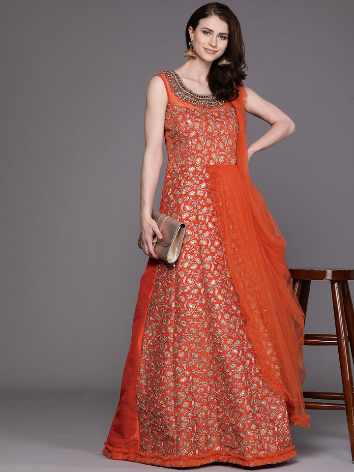 Embroidered Cocktail Gown with Mirror Work and Ruffled dupatta
