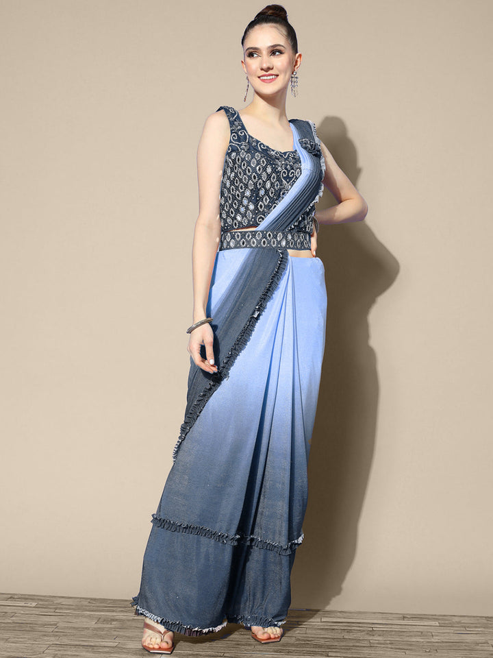 Ombre Ruffled Saree With Zircon Embellished Blouse & Belt