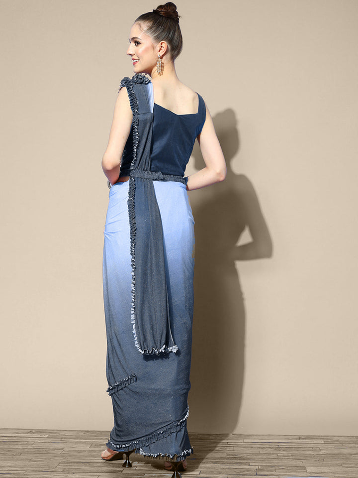 Ombre Ruffled Saree With Zircon Embellished Blouse & Belt