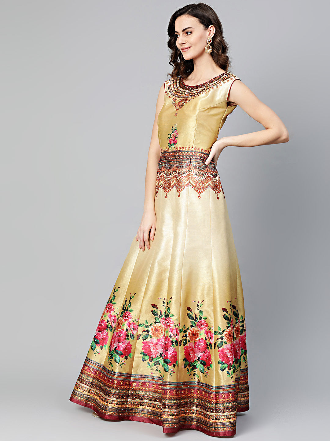 Embellished Anarkali Gown with Digital Floral Tribal Pattern