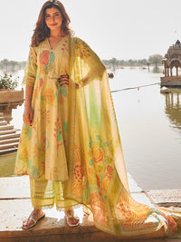 Chhabra 555 Mirror Embellished Schiffli Cotton Anarkali Kurta Set with Floral Print & Cut work Laces