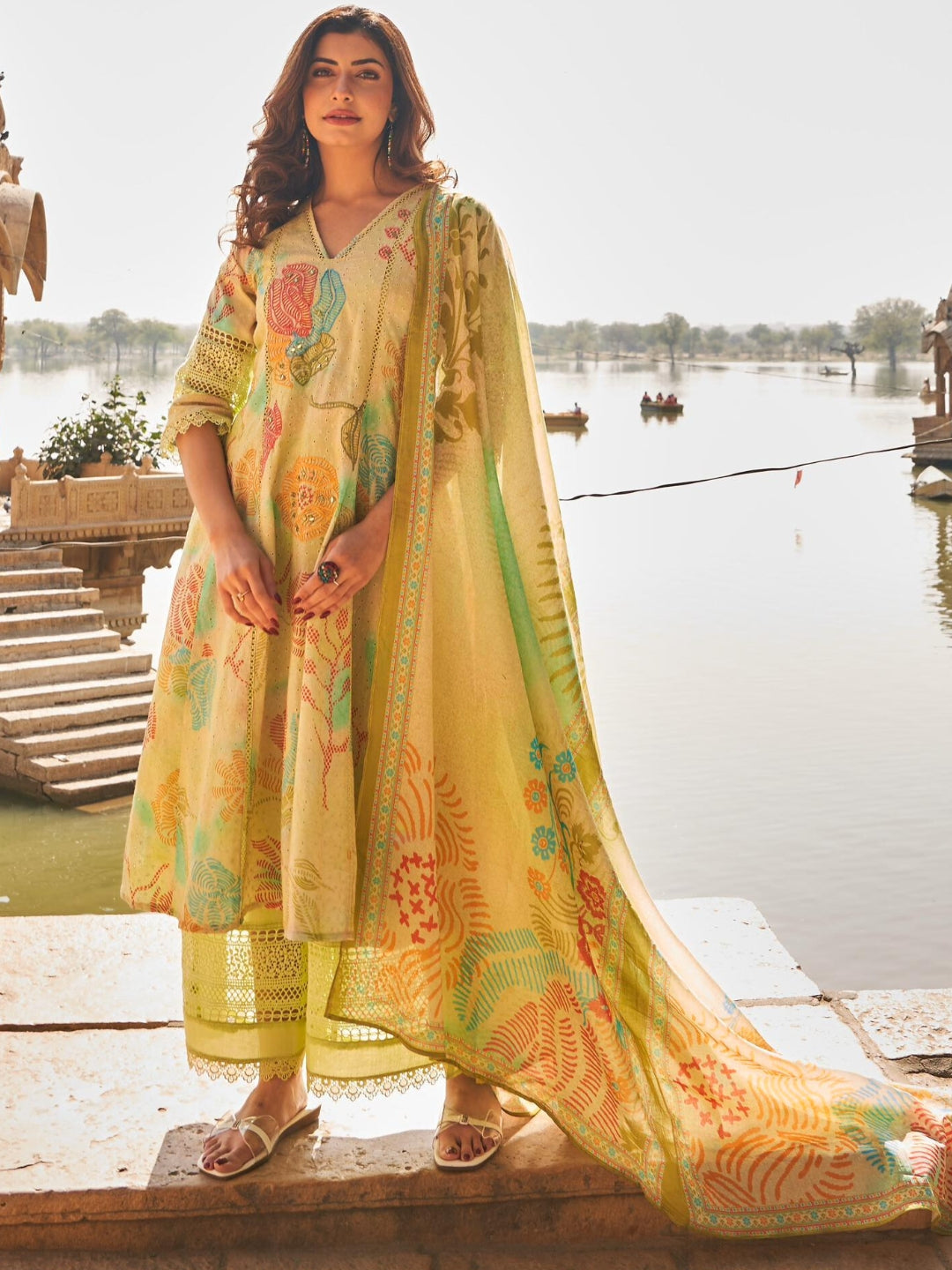Mirror Embellished Schiffli Cotton Anarkali Kurta Set with Floral Print & Cut work Laces
