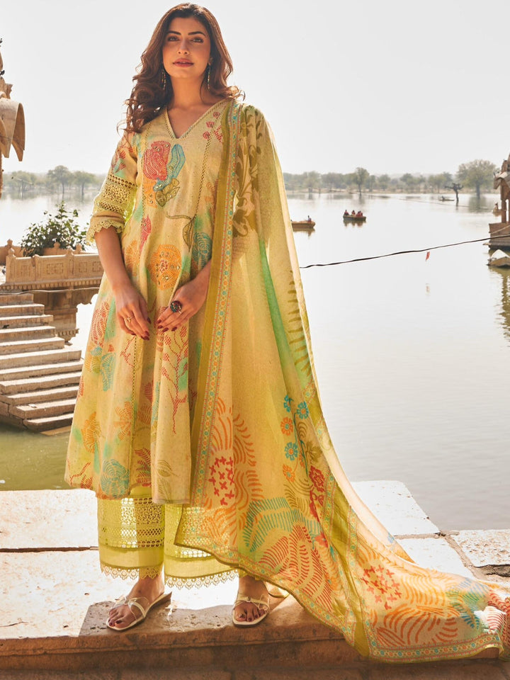 Mirror Embellished Schiffli Cotton Anarkali Kurta Set with Floral Print & Cut work Laces