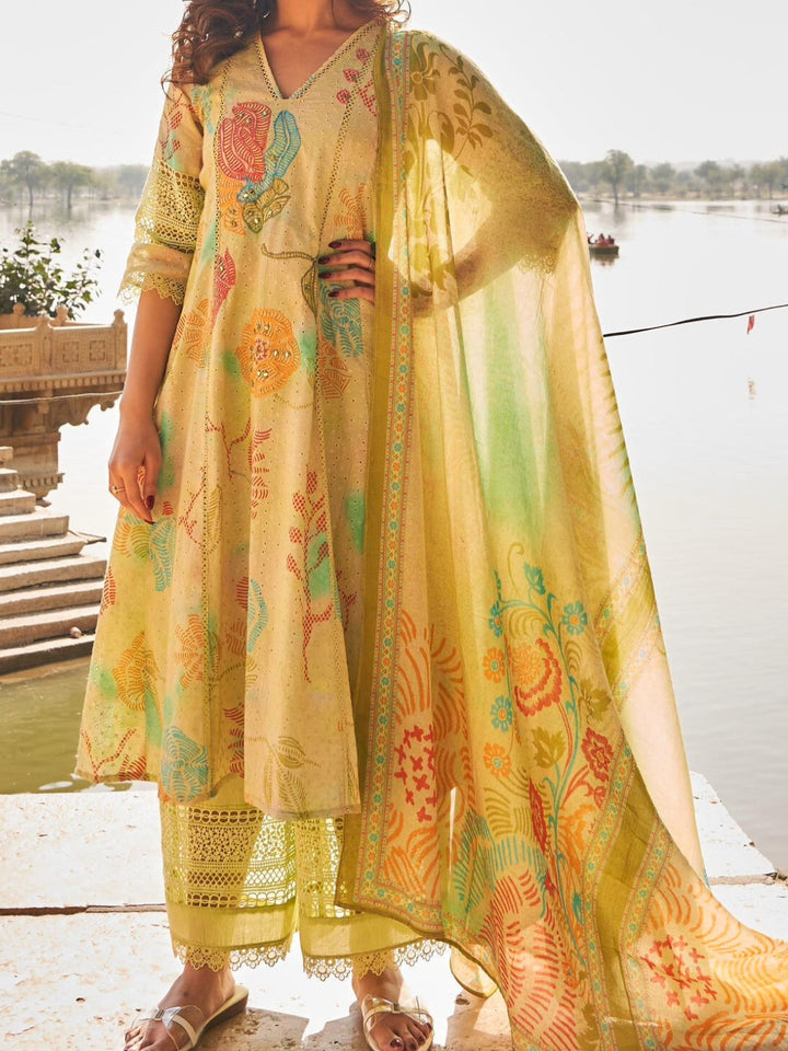Mirror Embellished Schiffli Cotton Anarkali Kurta Set with Floral Print & Cut work Laces