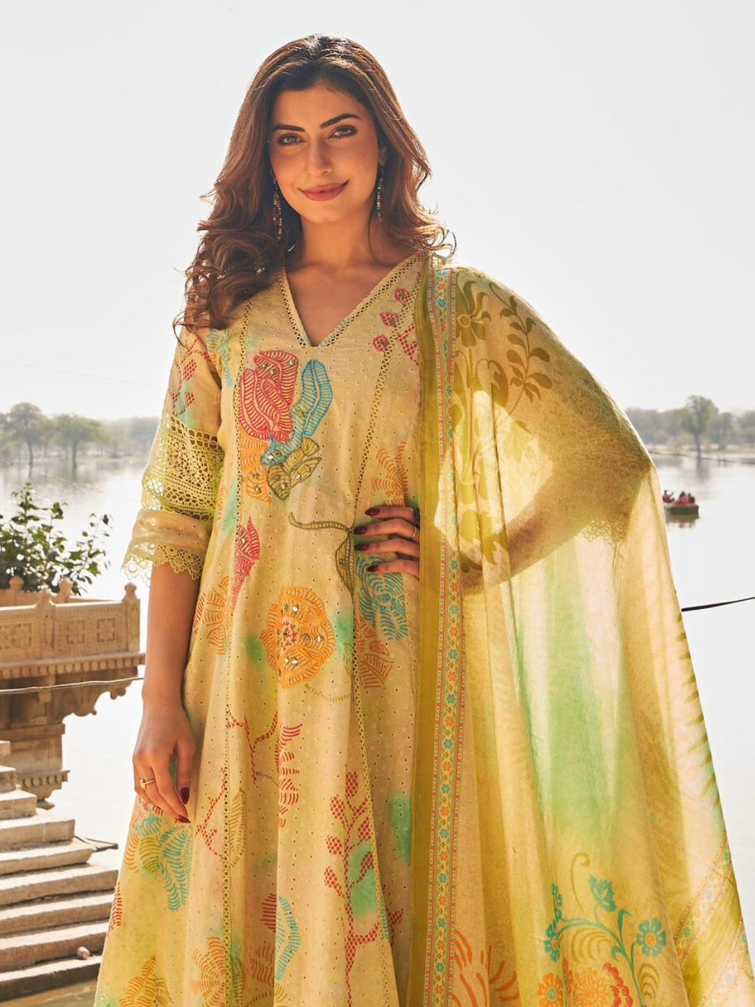 Mirror Embellished Schiffli Cotton Anarkali Kurta Set with Floral Print & Cut work Laces