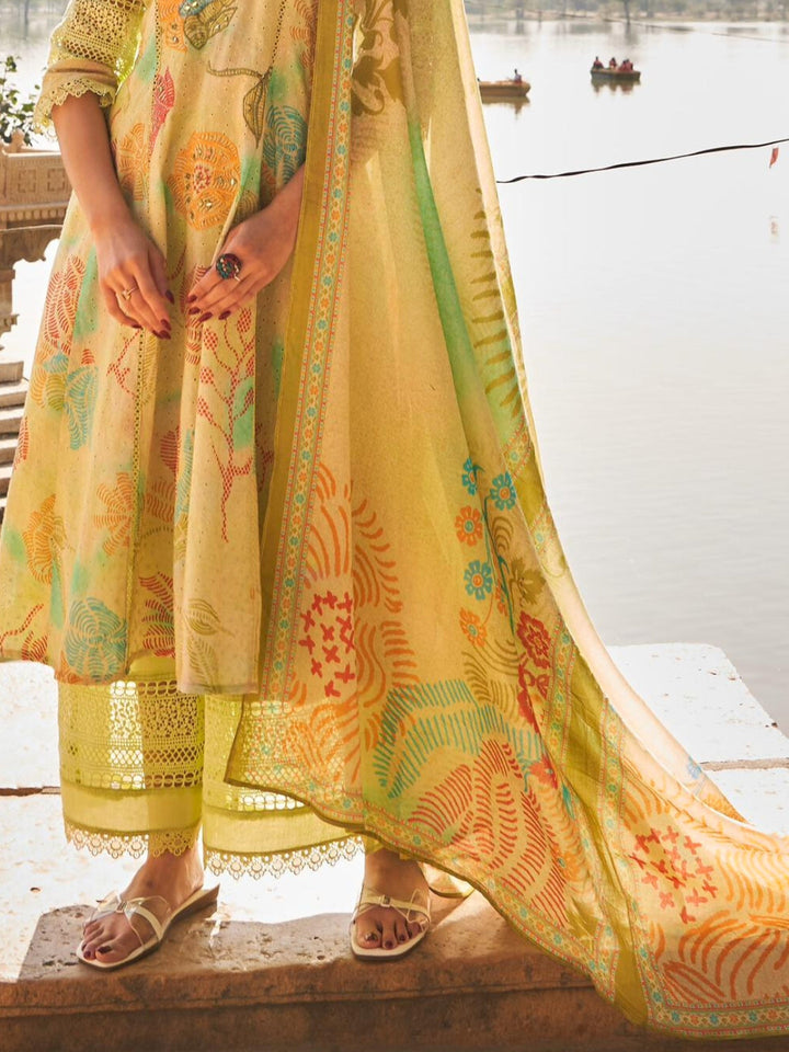 Mirror Embellished Schiffli Cotton Anarkali Kurta Set with Floral Print & Cut work Laces