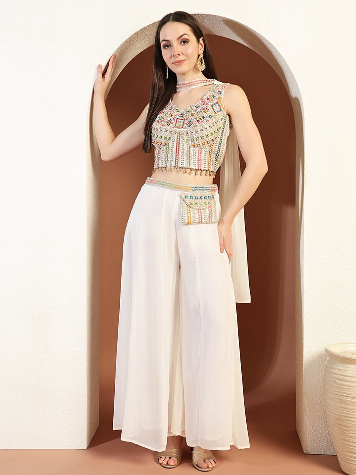Resham Embroidery Tasseled Crop Top Pallazo set with Stylish Pocket & Pre-draped Dupatta