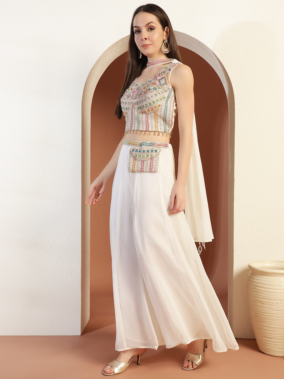 Resham Embroidery Tasseled Crop Top Pallazo set with Stylish Pocket & Pre-draped Dupatta