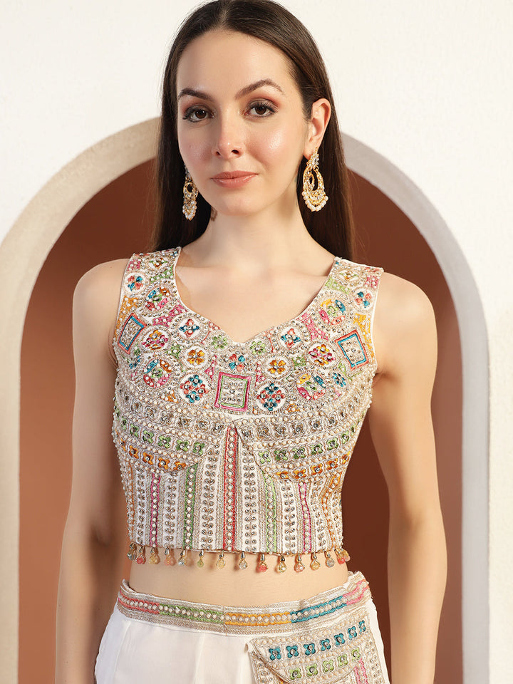 Resham Embroidery Tasseled Crop Top Pallazo set with Stylish Pocket & Pre-draped Dupatta