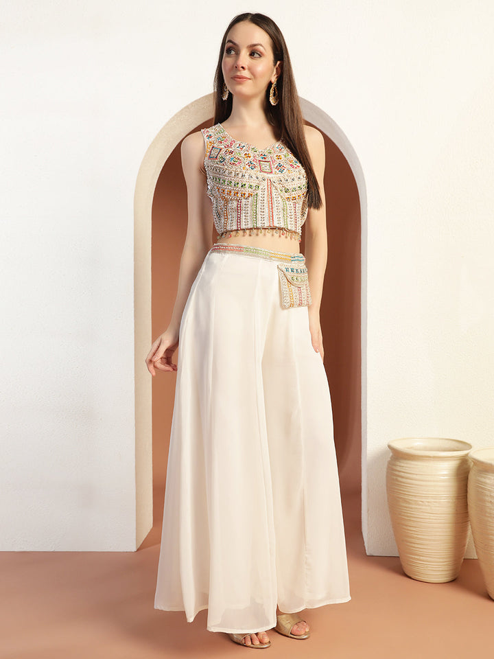 Resham Embroidery Tasseled Crop Top Pallazo set with Stylish Pocket & Pre-draped Dupatta