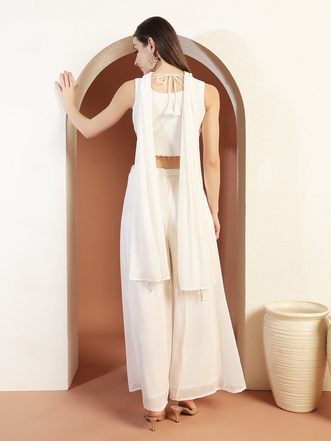 Resham Embroidery Tasseled Crop Top Pallazo set with Stylish Pocket & Pre-draped Dupatta