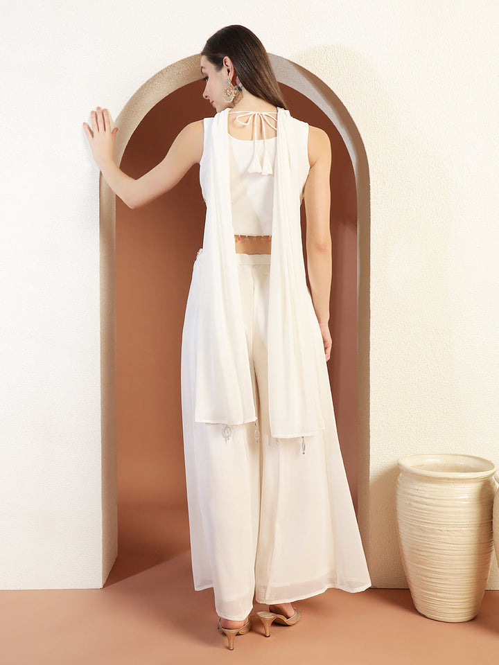 Resham Embroidery Tasseled Crop Top Pallazo set with Stylish Pocket & Pre-draped Dupatta
